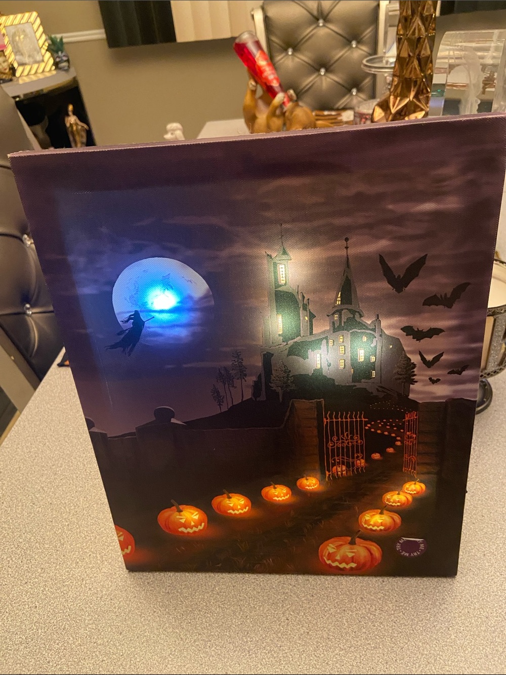 Halloween LED Canvas Wall Art - Haunted Castle with Pumpkins